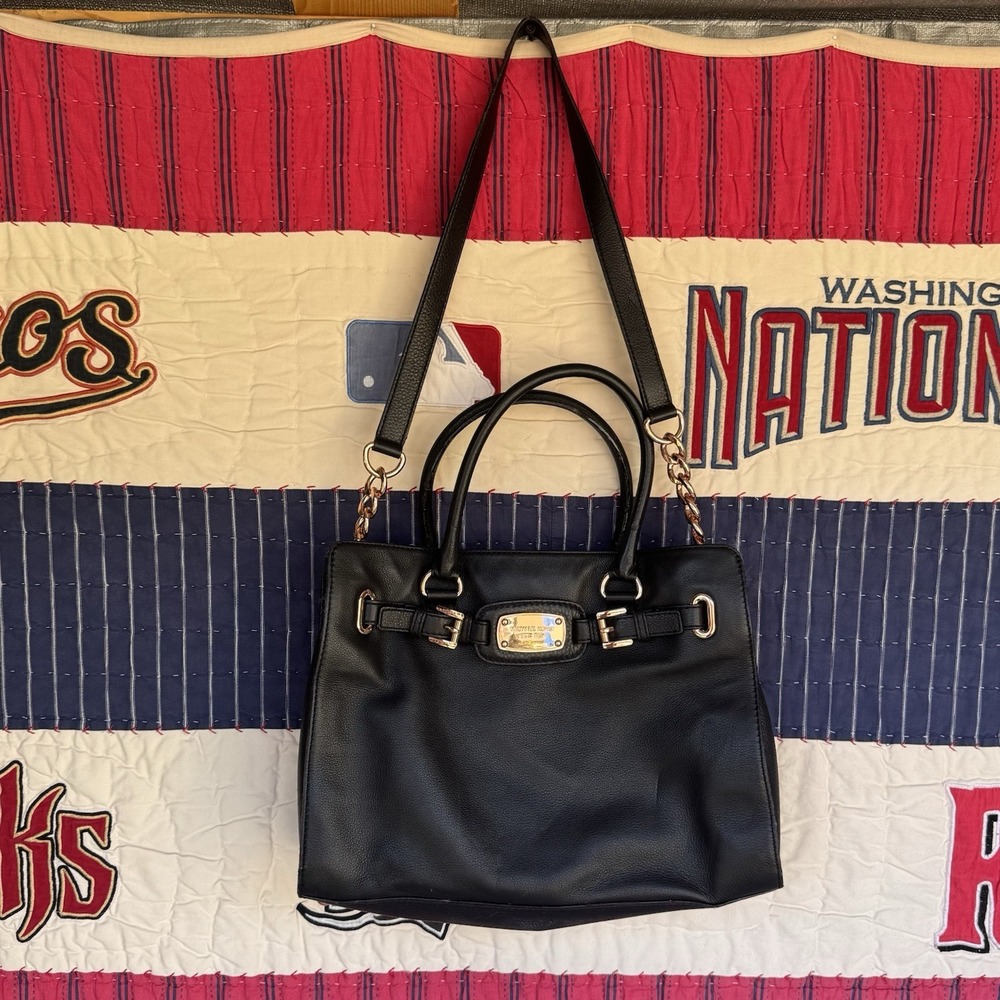 Michael Kors Hamilton Satchel Tote Bag Gold Chain Shoulder Strap Black Leather
